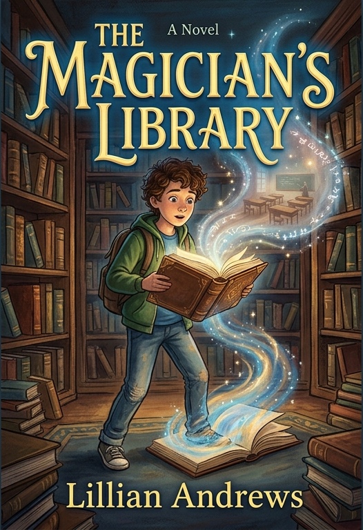 Cover of The Magician's Library — a boy holding a glowing spellbook among towering library shelves as magic swirls toward a hidden classroom