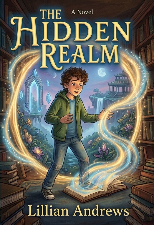 Cover of The Hidden Realm — a boy reaching toward a glowing magical portal that spills golden light into a hidden garden realm