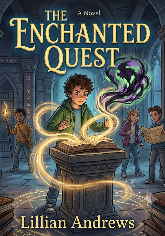 Cover of The Enchanted Quest — a boy summoning swirling magic over an ancient stone altar as his friends stand watch in a torch-lit hall