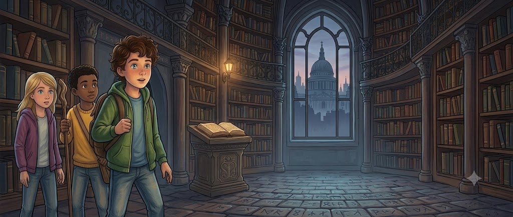 Tom and his friends stepping into a grand, shadowy London library with St. Paul's Cathedral visible through a tall arched window