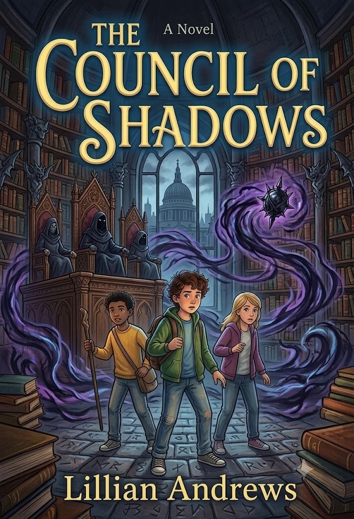 Cover of The Council of Shadows — Tom and two new friends facing three cloaked council members in a grand London library as purple shadow-magic swirls around them